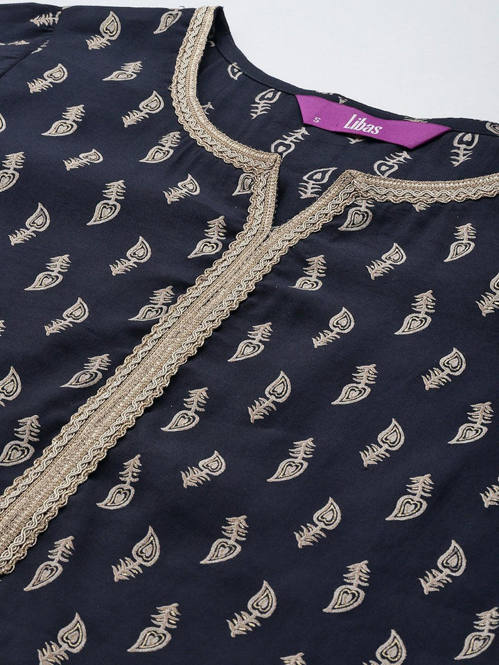 Navy Blue Printed Silk Blend Straight Suit Set