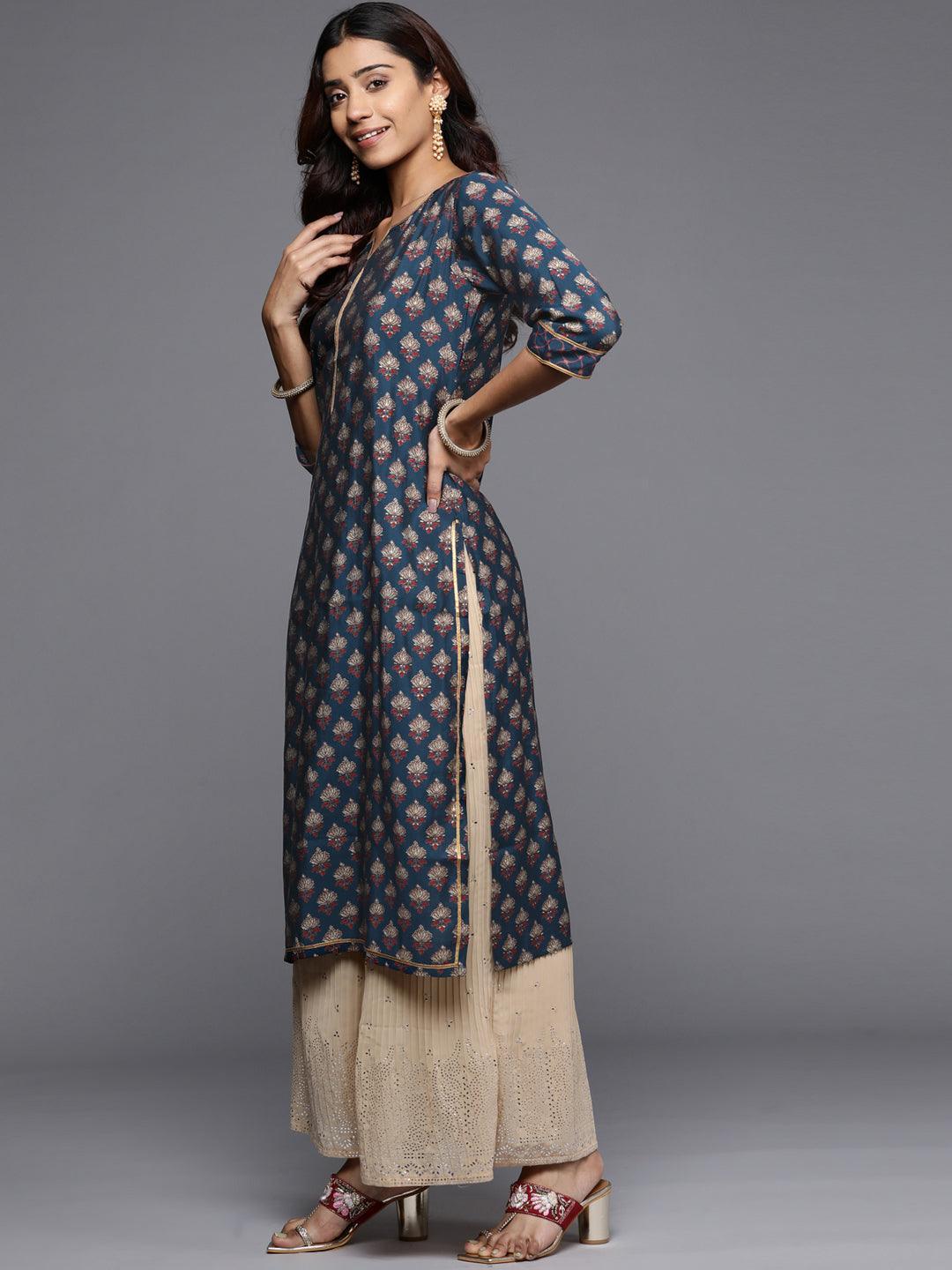 Navy Blue Printed Silk Straight Kurta - ShopLibas