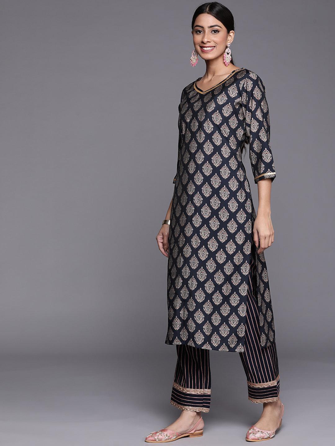 Navy Blue Printed Silk Straight Kurta - ShopLibas