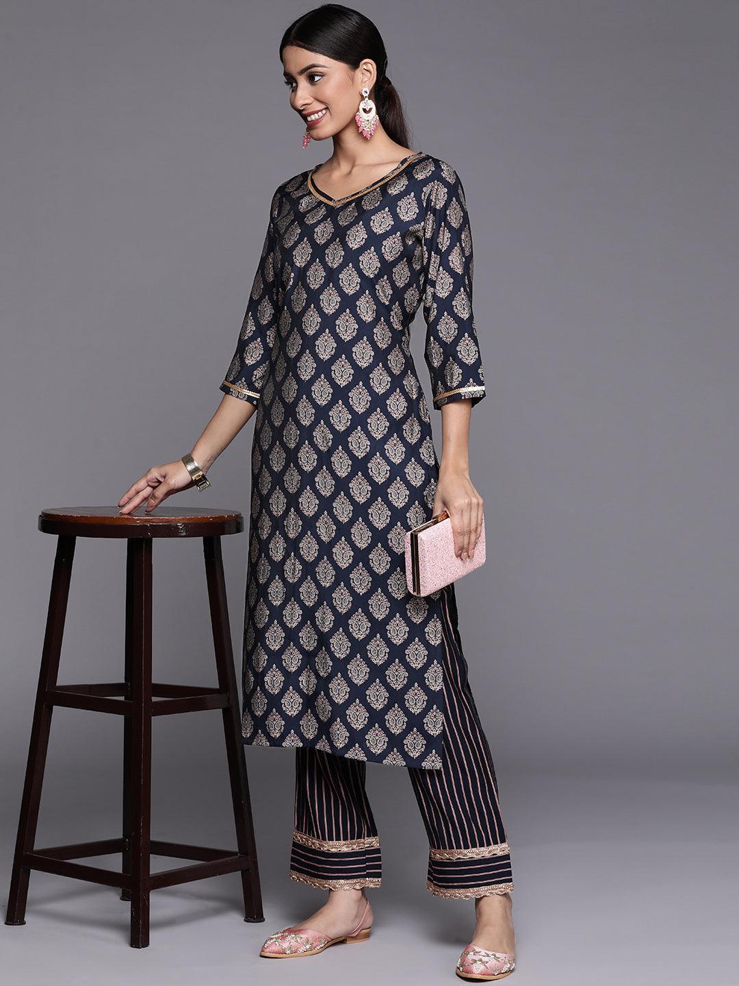 Navy Blue Printed Silk Straight Kurta - ShopLibas