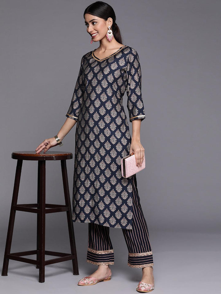 Navy Blue Printed Silk Straight Kurta
