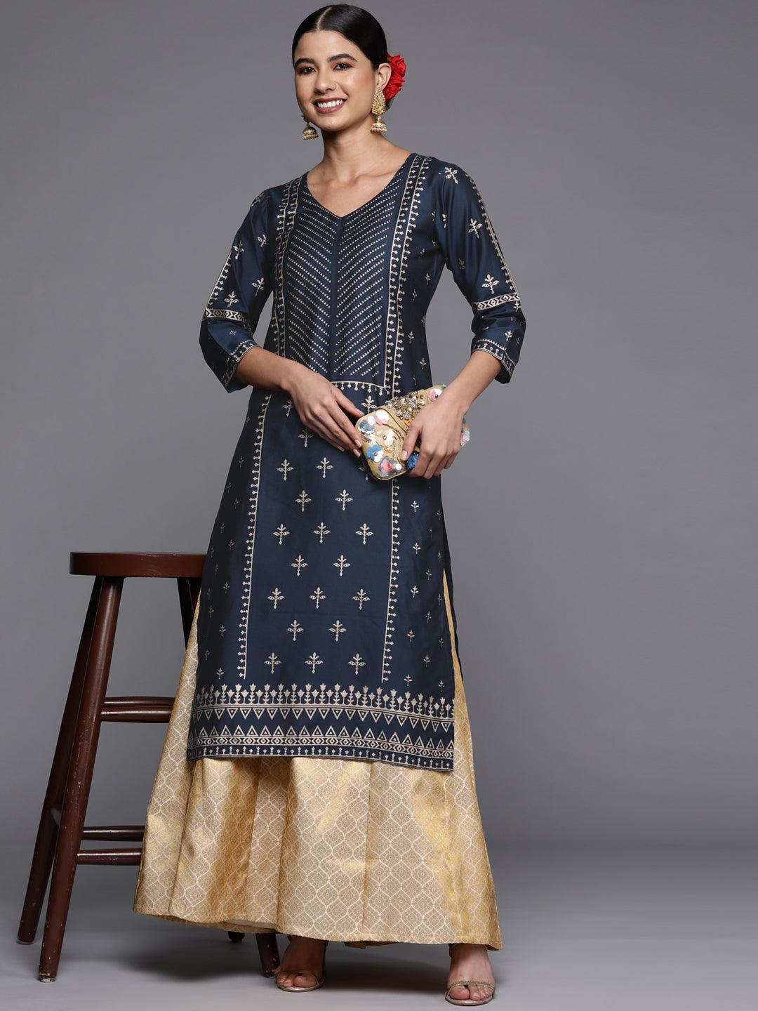 Navy Blue Printed Silk Straight Kurta - ShopLibas