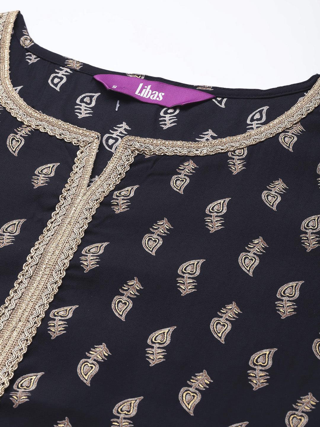 Navy Blue Printed Silk Straight Kurta - ShopLibas