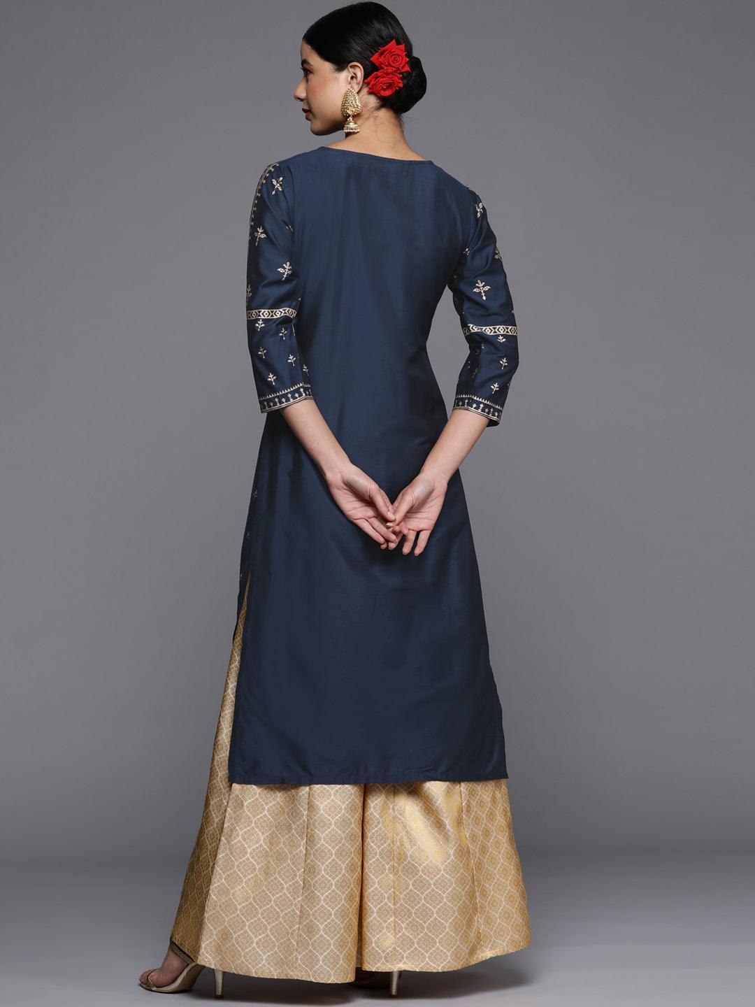 Navy Blue Printed Silk Straight Kurta - ShopLibas