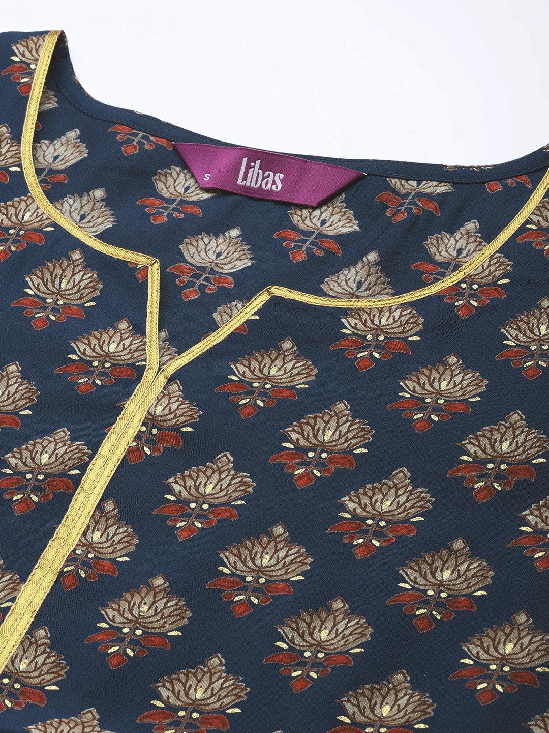 Navy Blue Printed Silk Straight Kurta - ShopLibas