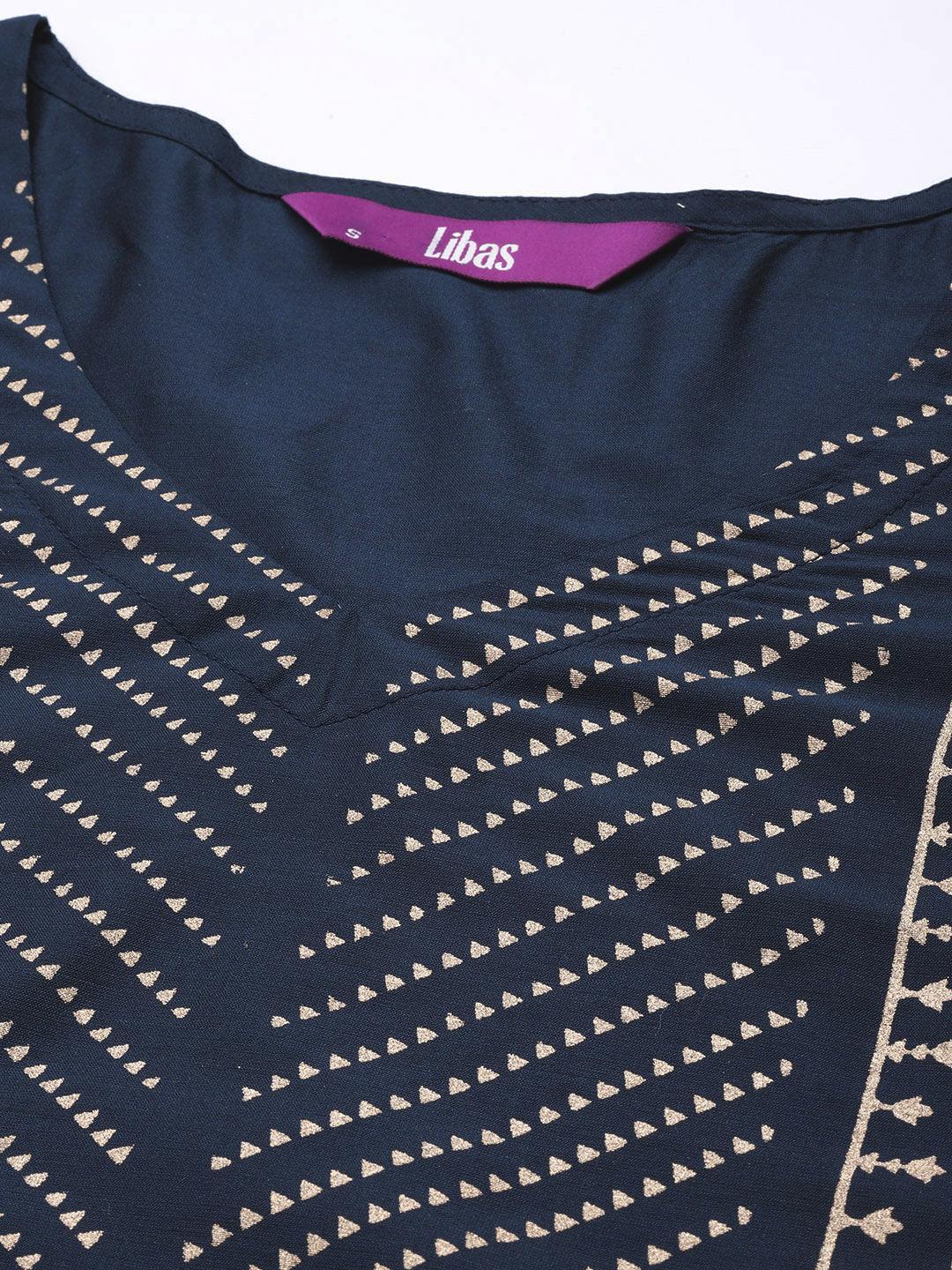 Navy Blue Printed Silk Straight Kurta - ShopLibas