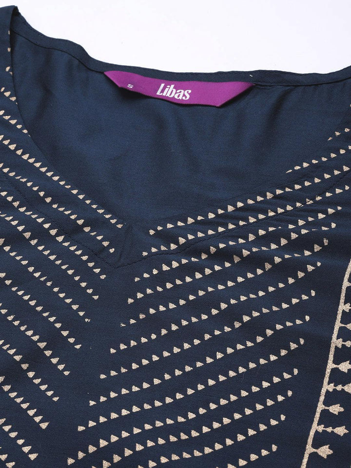Navy Blue Printed Silk Straight Kurta