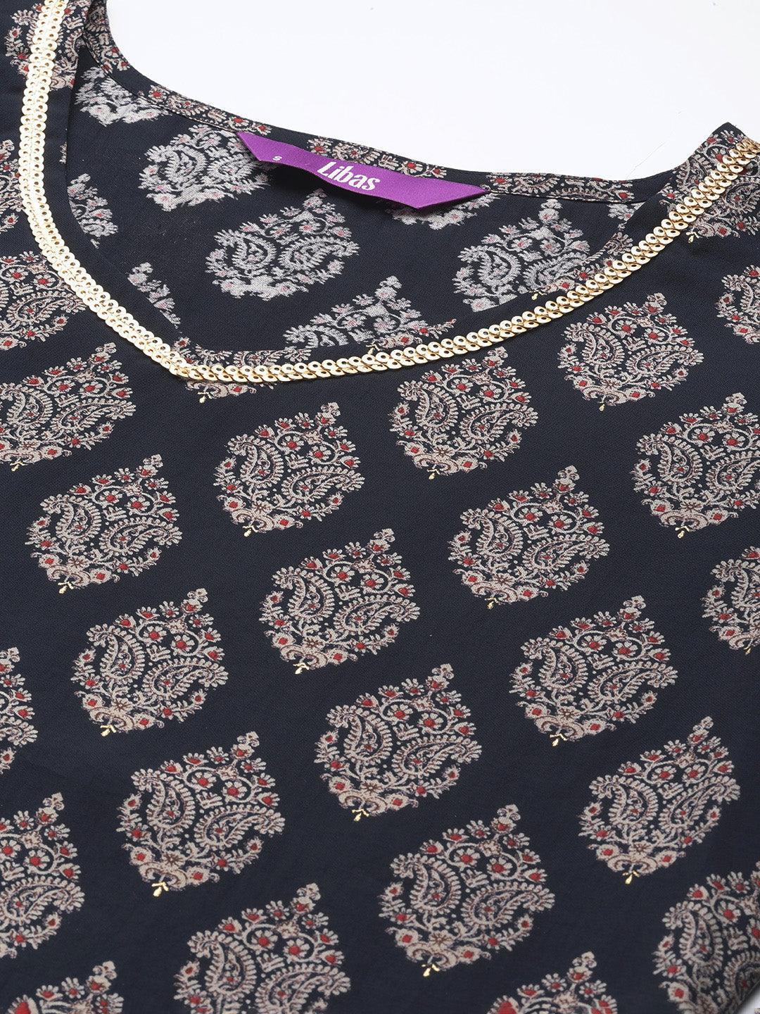 Navy Blue Printed Silk Straight Kurta - ShopLibas