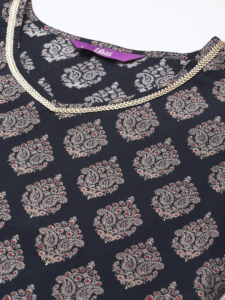 Navy Blue Printed Silk Straight Kurta