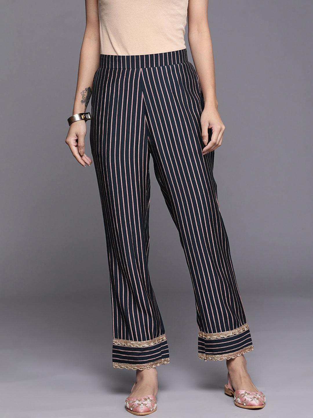 Navy Blue Printed Silk Trousers - ShopLibas