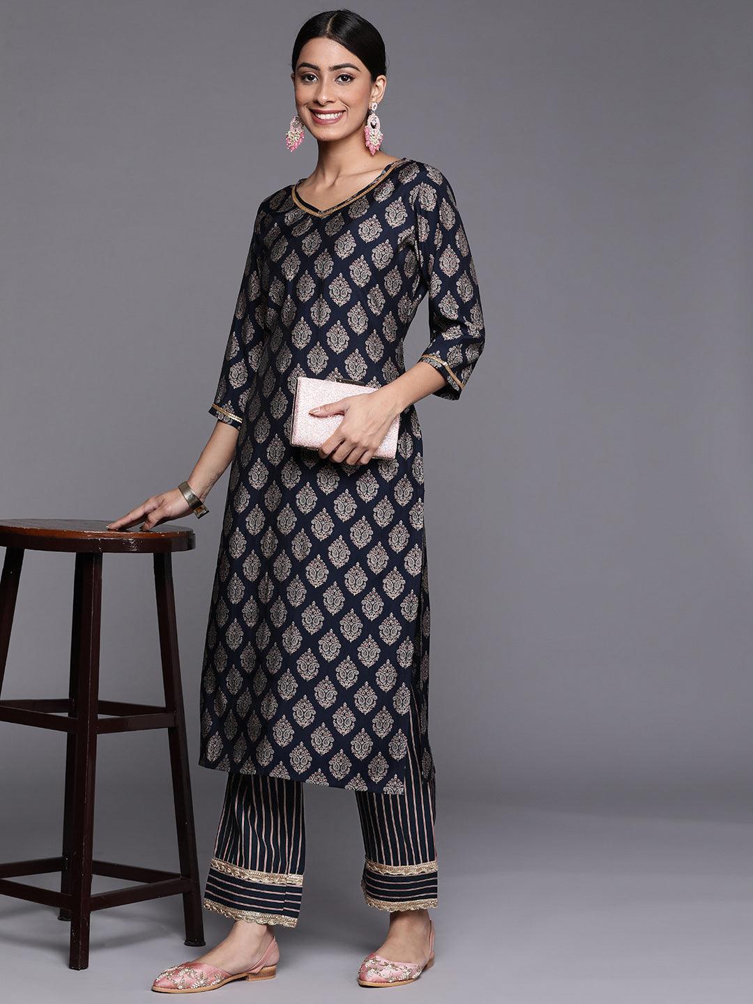 Navy Blue Printed Silk Trousers - ShopLibas