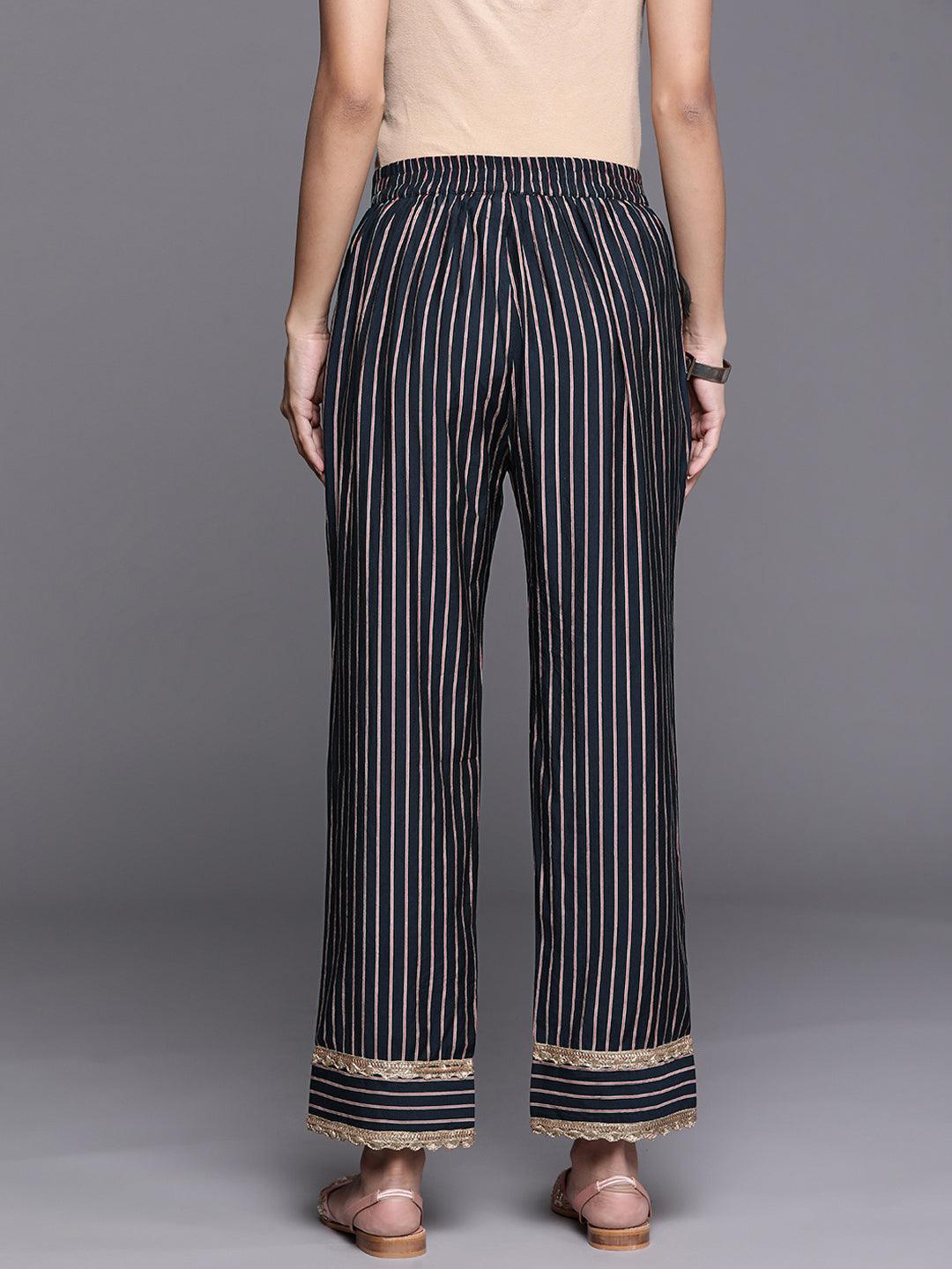 Navy Blue Printed Silk Trousers - ShopLibas
