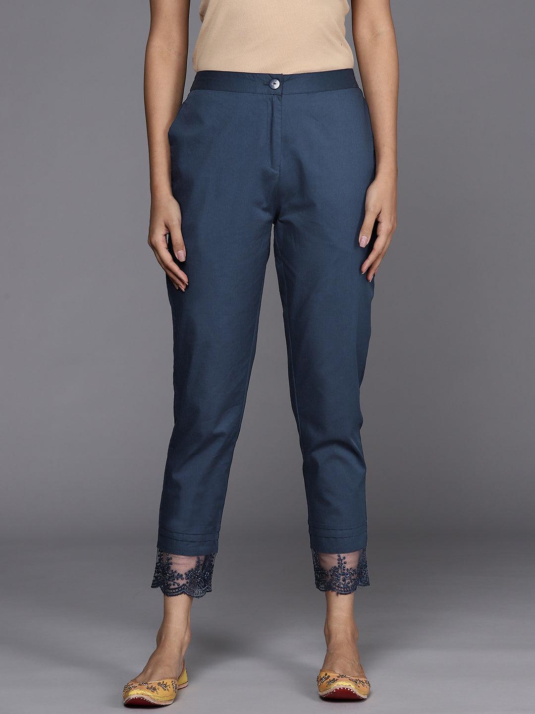 Navy Blue Solid Cotton Trousers - ShopLibas