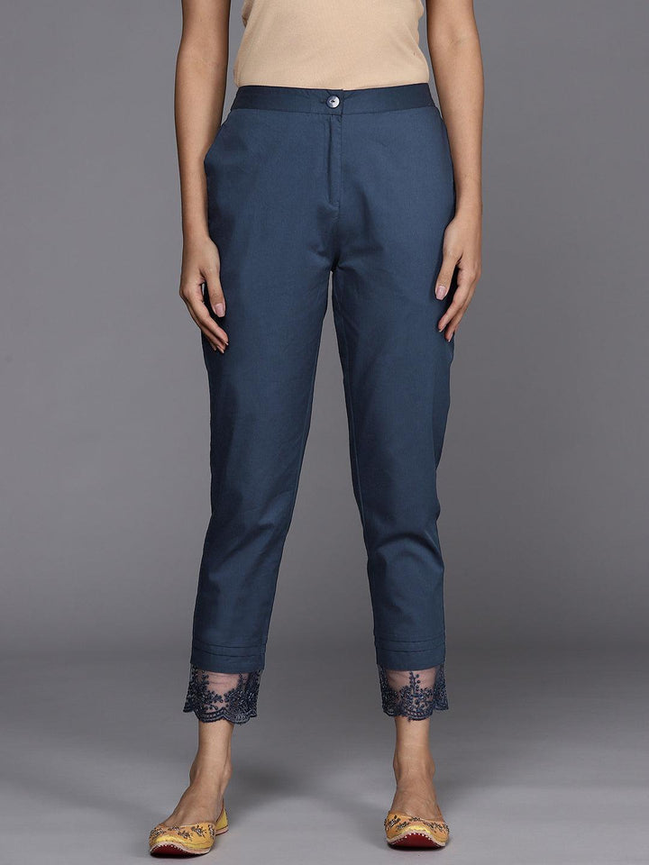 Navy Blue Solid Cotton Trousers