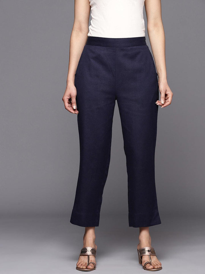 Navy Blue Solid Cotton Trousers