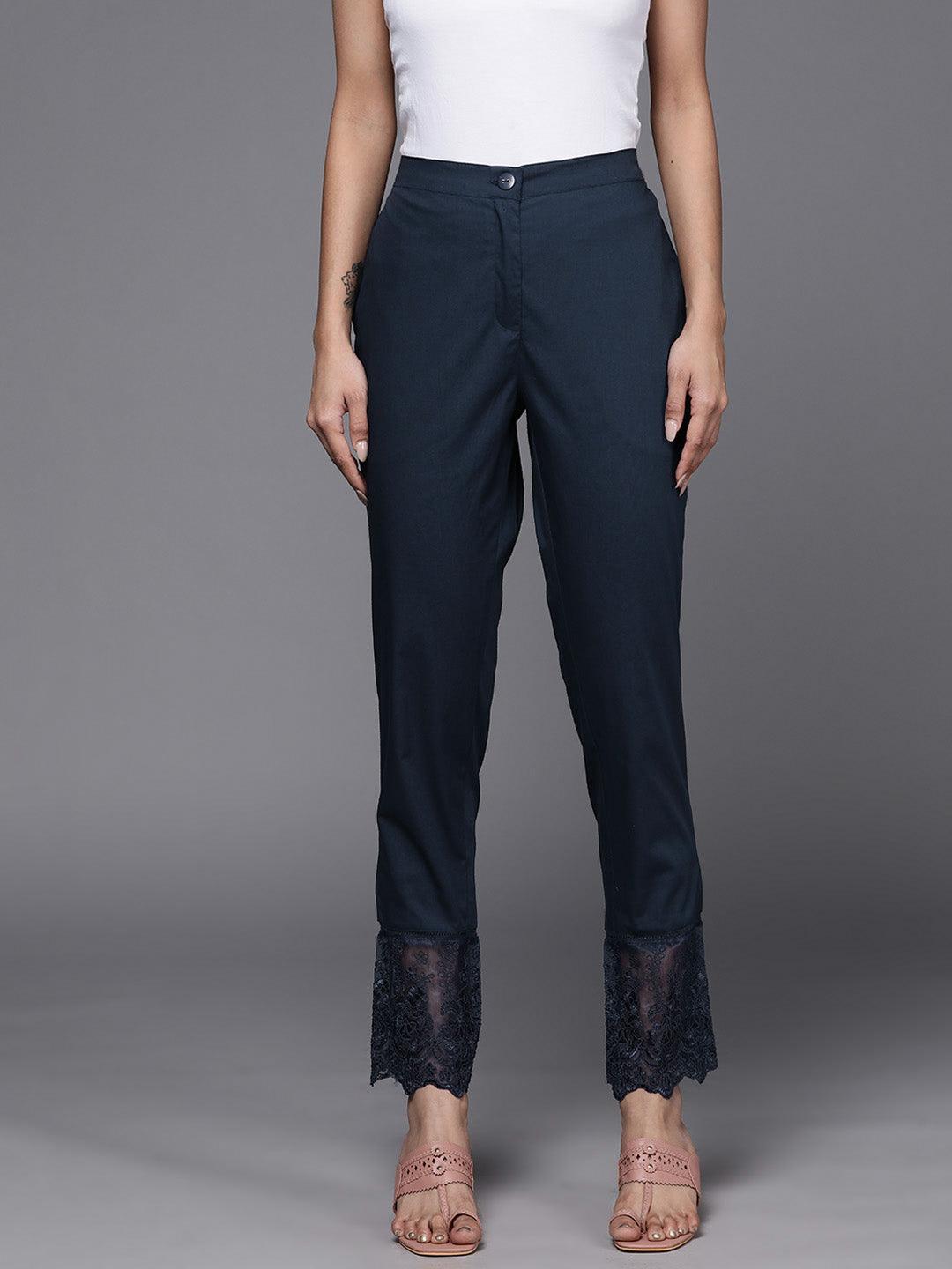 Navy Blue Solid Cotton Trousers - ShopLibas