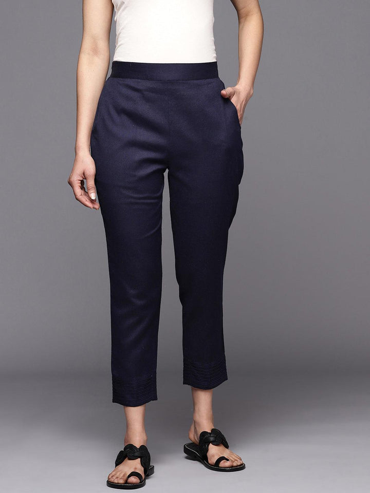 Navy Blue Solid Cotton Trousers