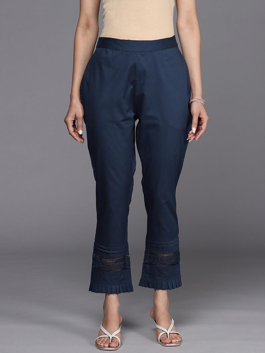 Navy Blue Solid Cotton Trousers - ShopLibas