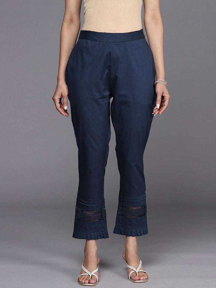 Navy Blue Solid Cotton Trousers
