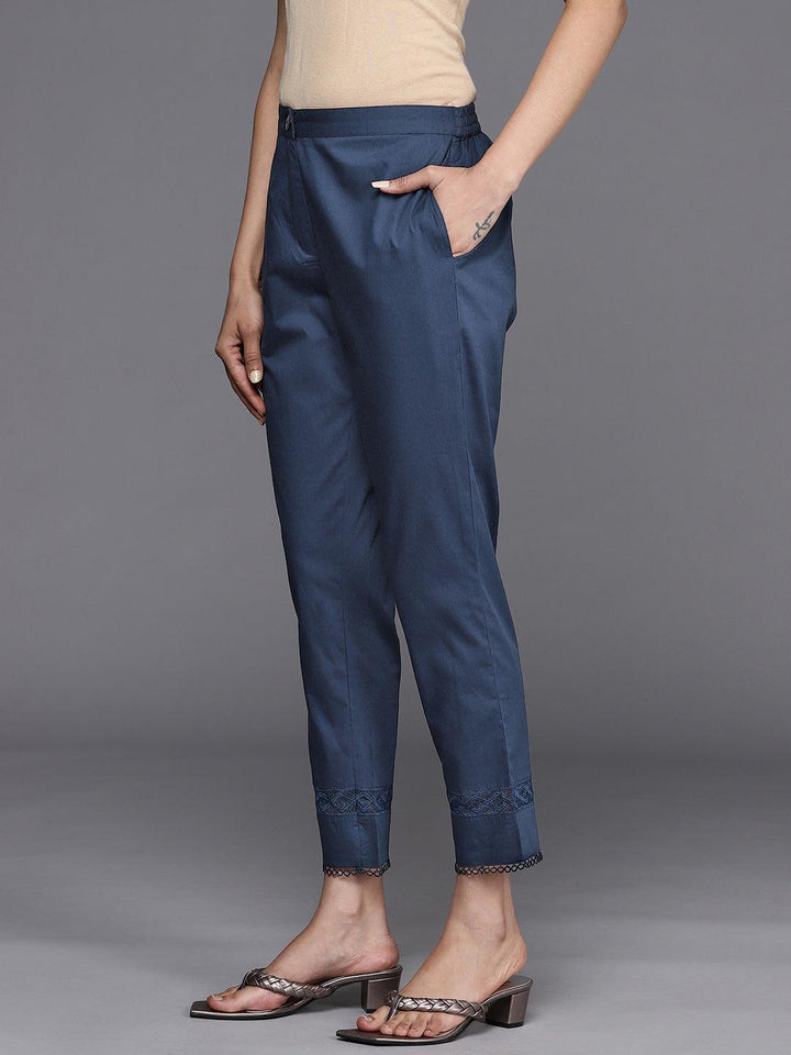 Navy Blue Solid Cotton Trousers