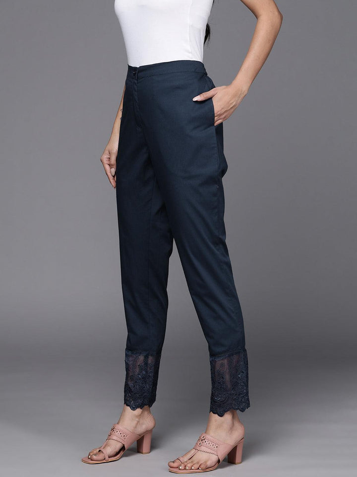 Navy Blue Solid Cotton Trousers