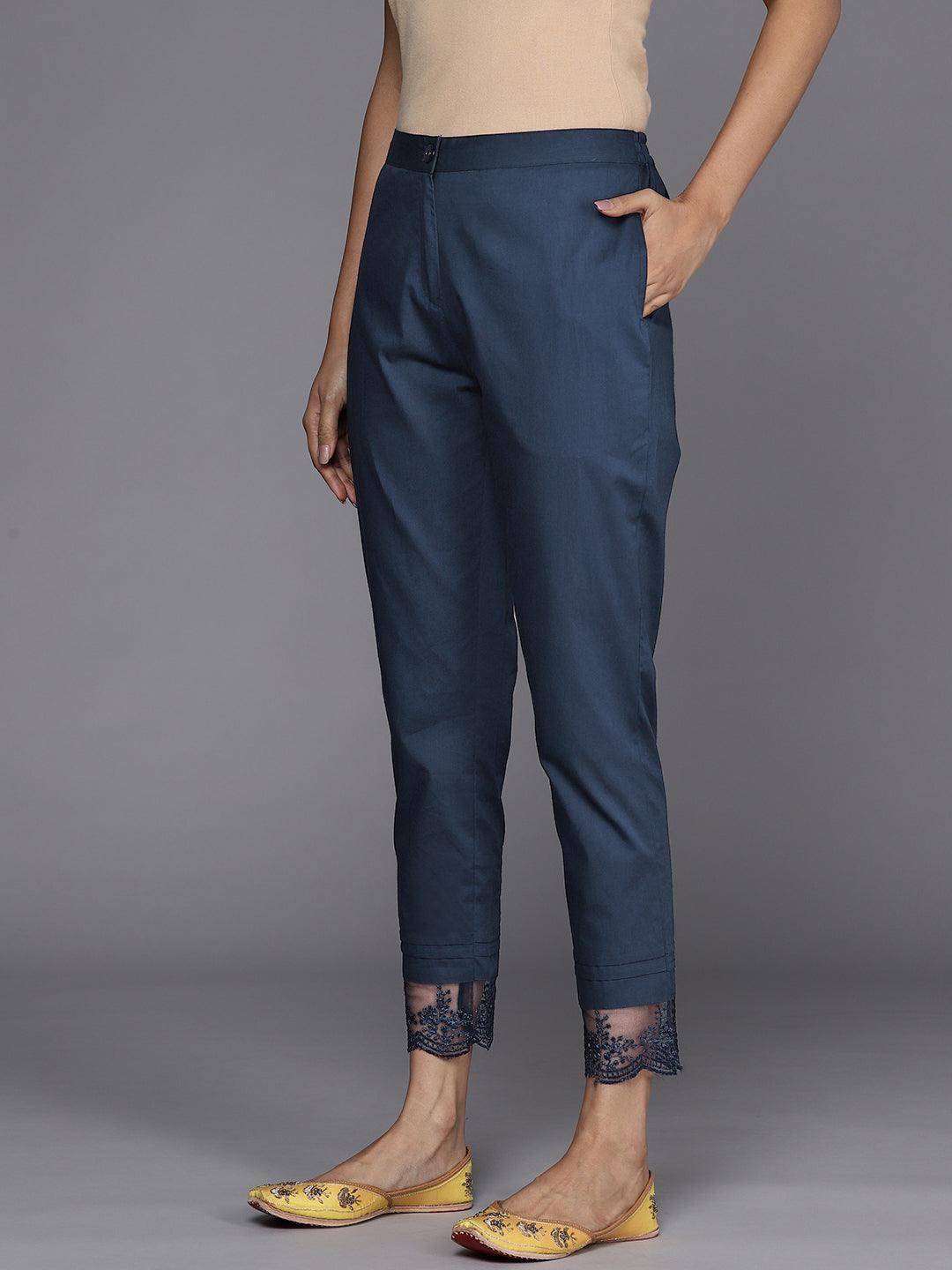 Navy Blue Solid Cotton Trousers - ShopLibas
