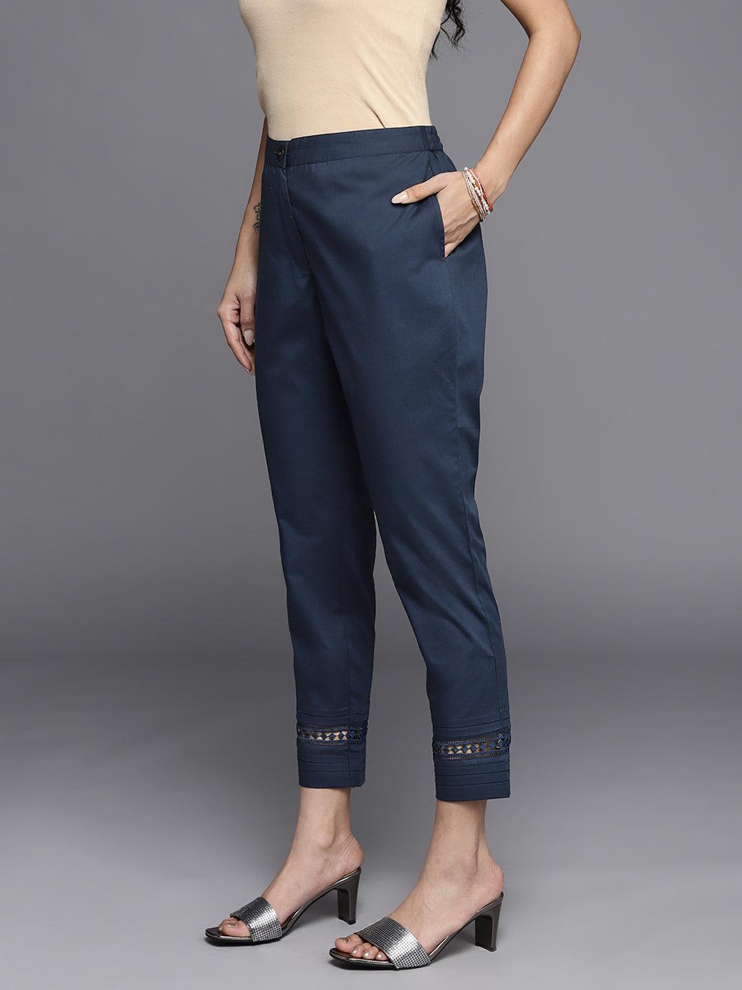 Navy Blue Solid Cotton Trousers - ShopLibas