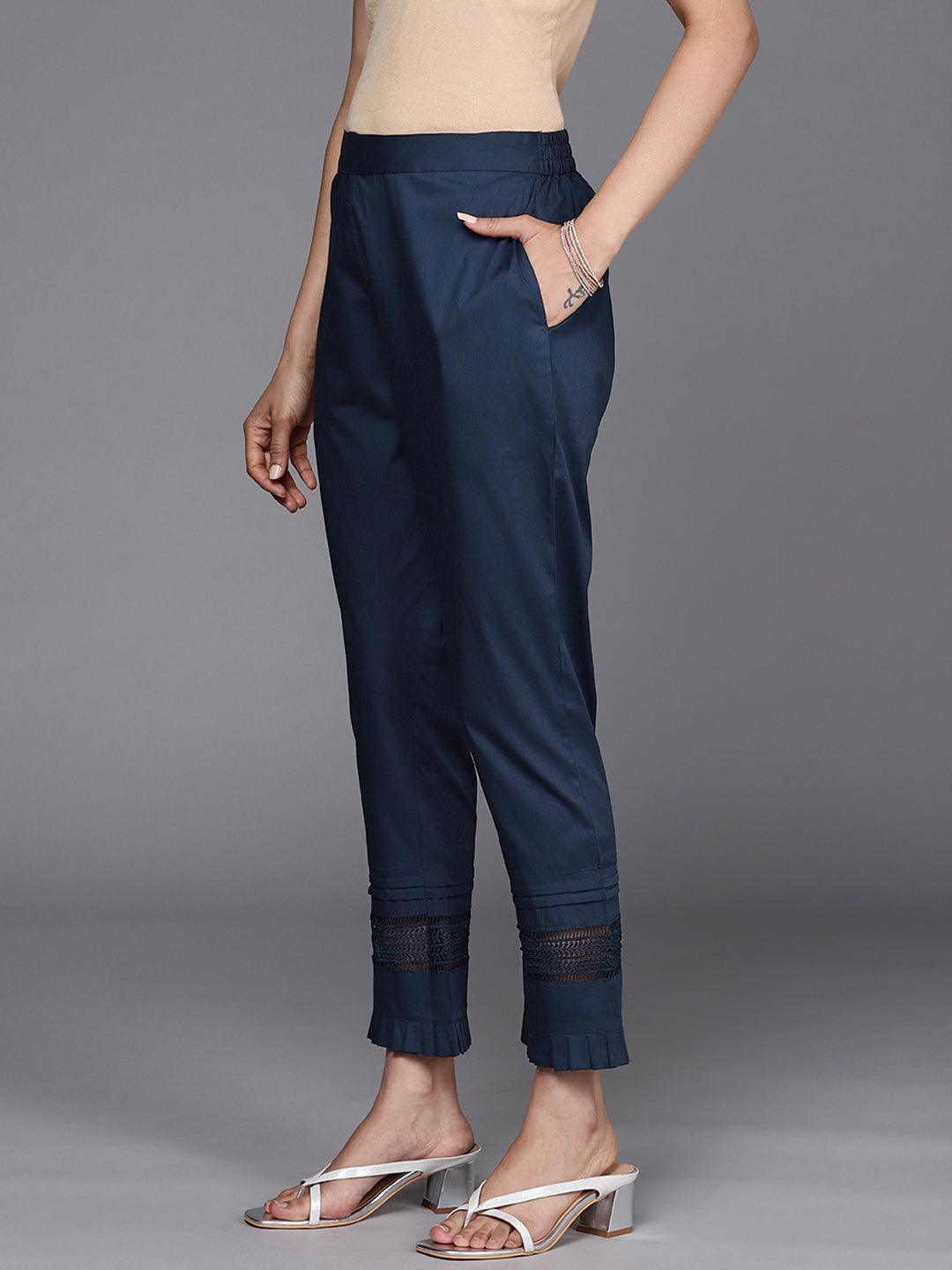 Navy Blue Solid Cotton Trousers - ShopLibas