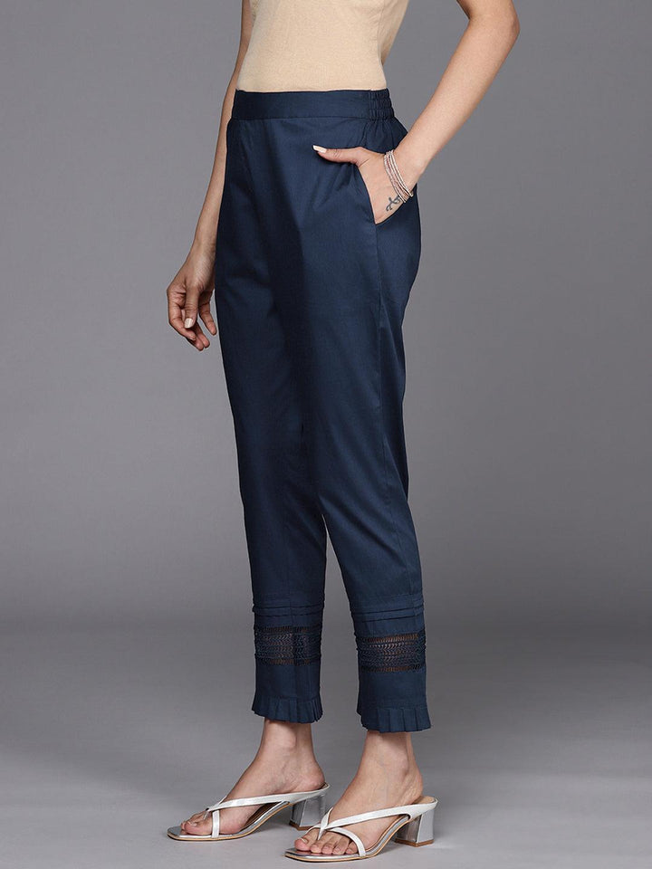 Navy Blue Solid Cotton Trousers