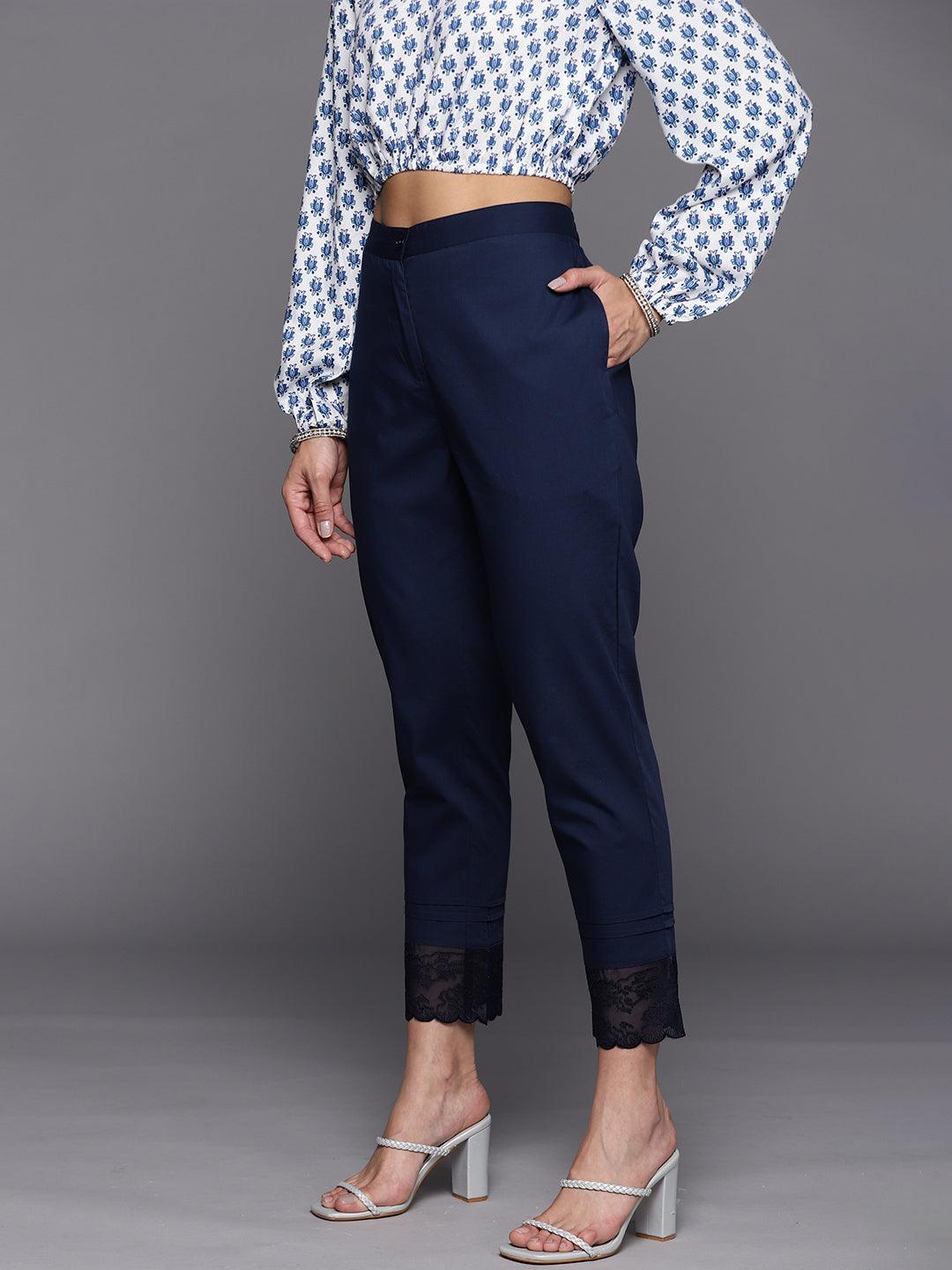 Navy Blue Solid Cotton Trousers - ShopLibas