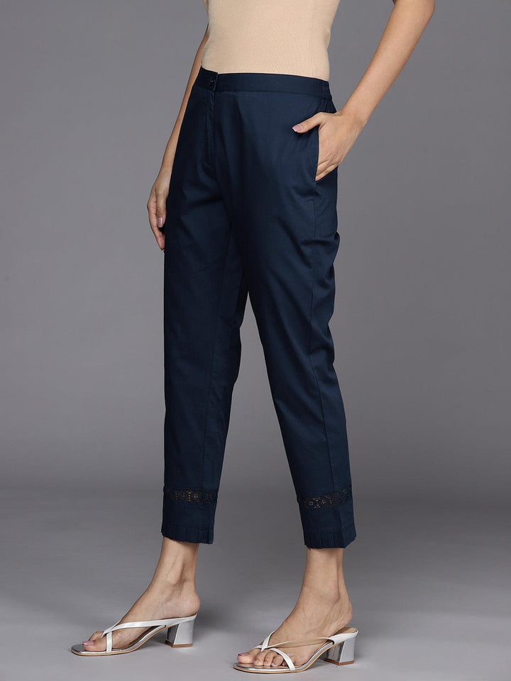 Navy Blue Solid Cotton Trousers