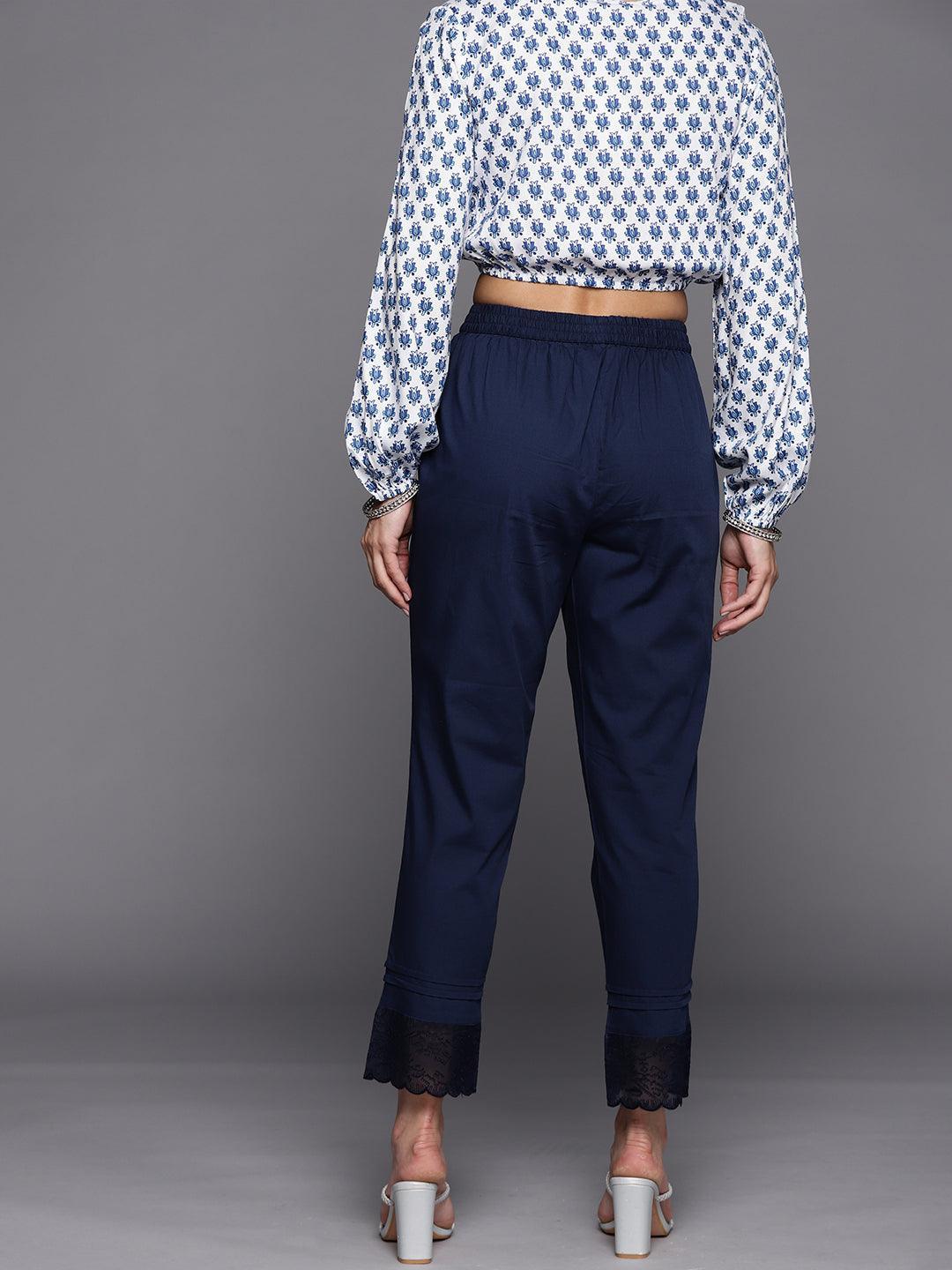 Navy Blue Solid Cotton Trousers - ShopLibas