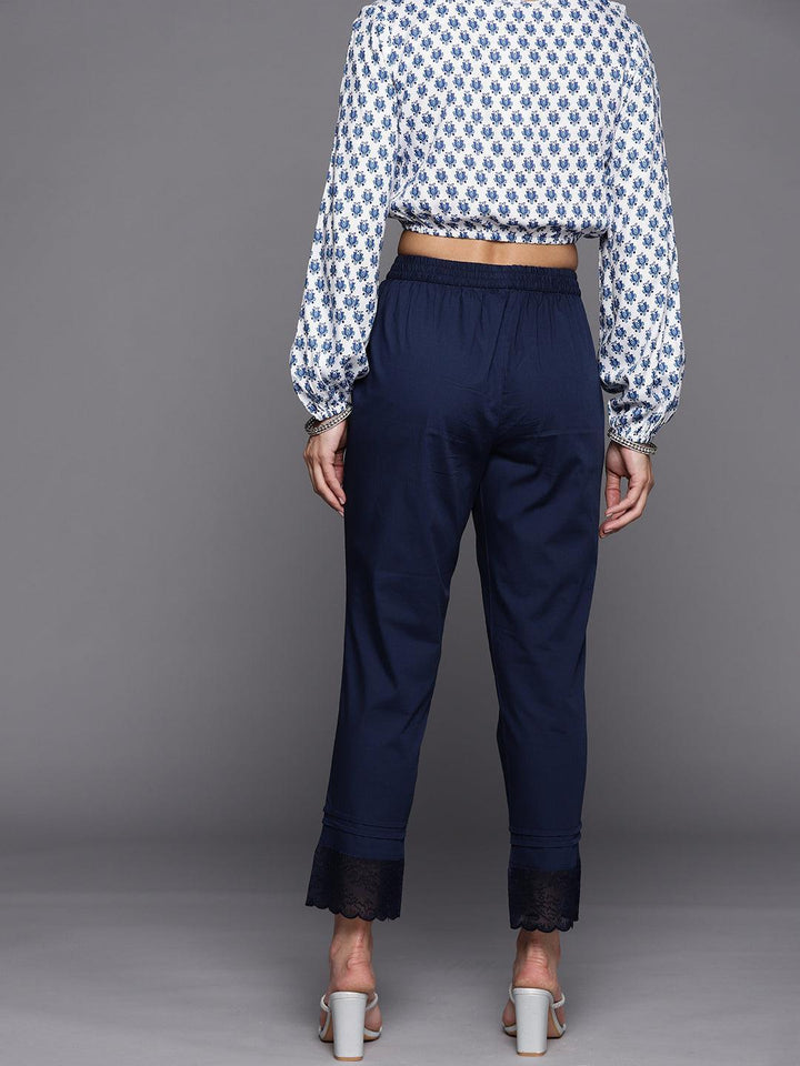Navy Blue Solid Cotton Trousers