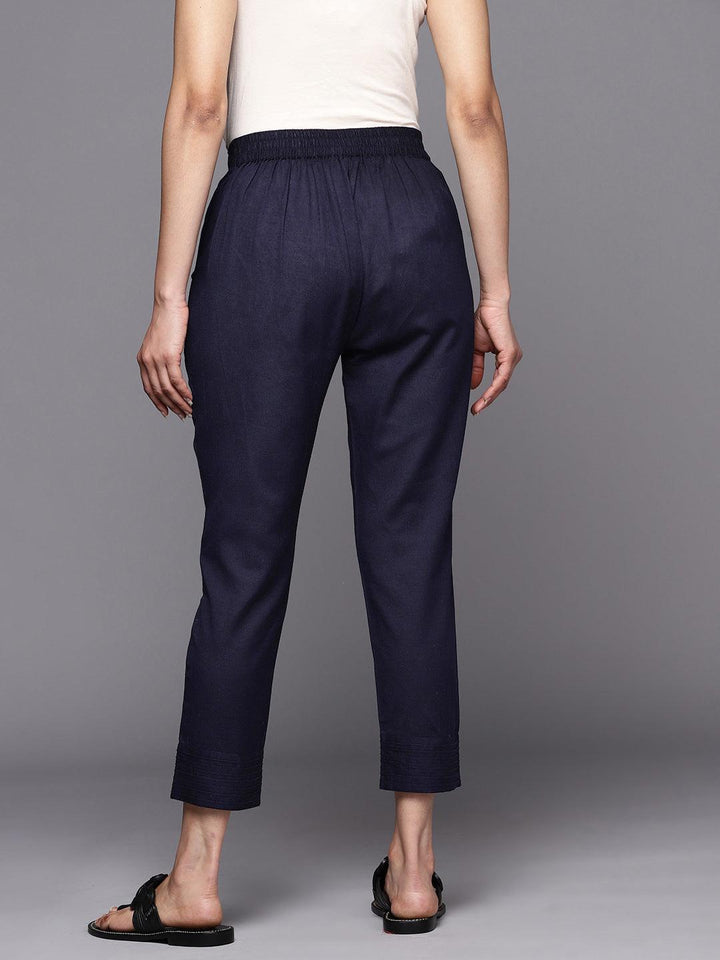 Navy Blue Solid Cotton Trousers