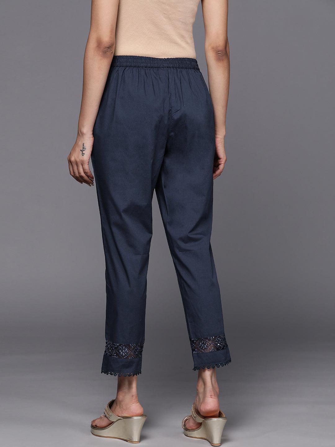 Navy Blue Solid Cotton Trousers - ShopLibas
