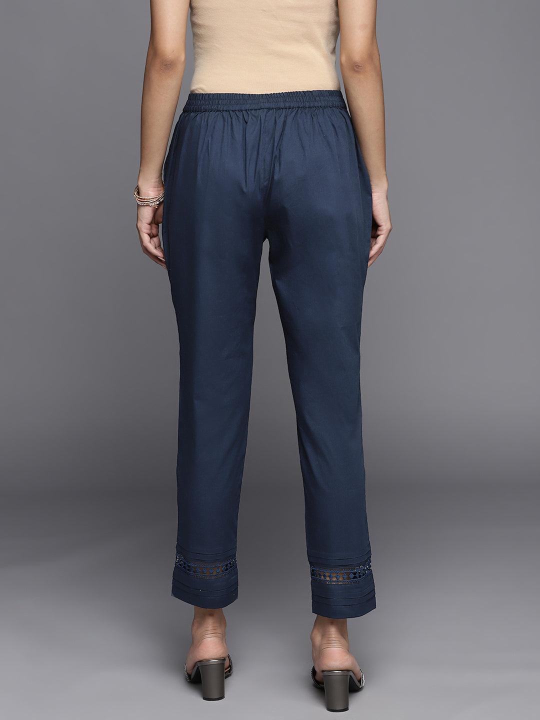 Navy Blue Solid Cotton Trousers - ShopLibas