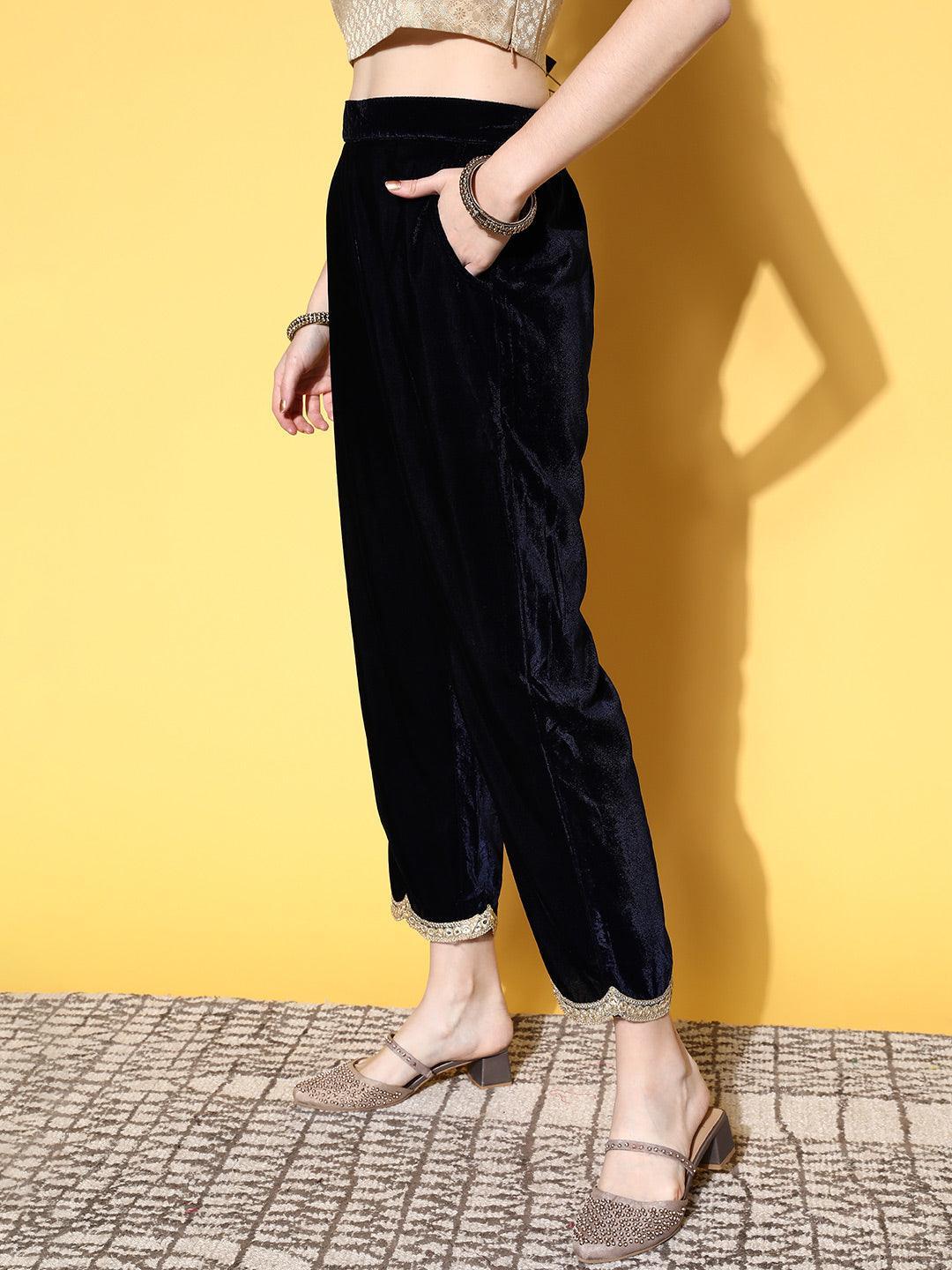 Navy Blue Solid Velvet Trousers - ShopLibas