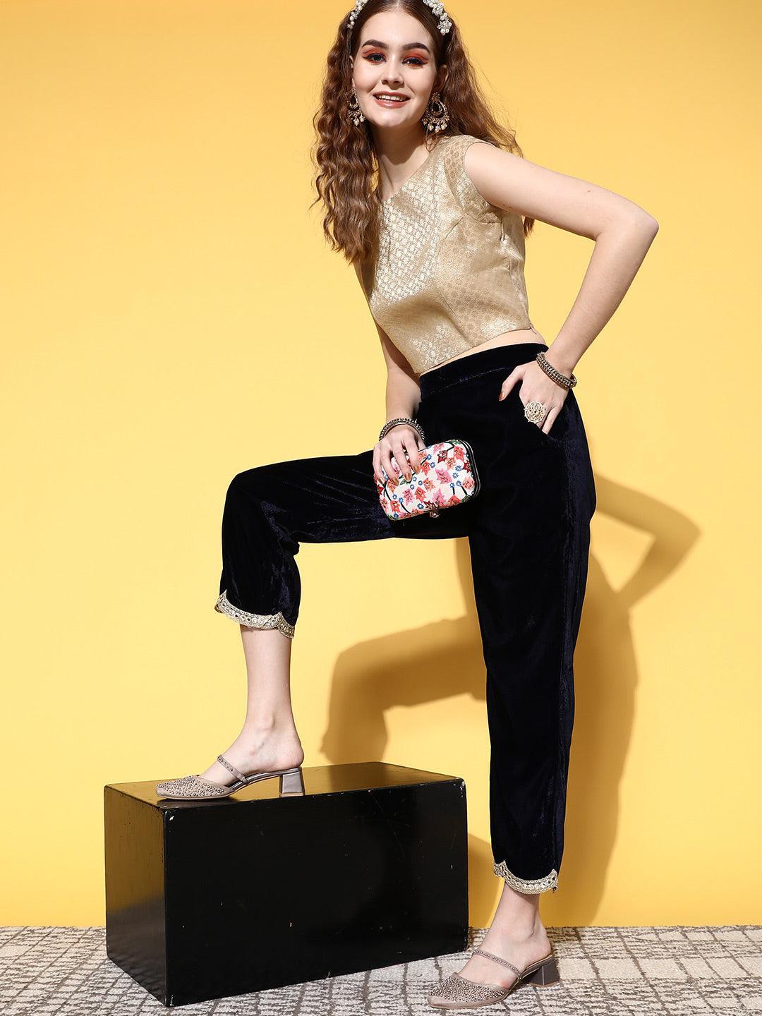 Navy Blue Solid Velvet Trousers - ShopLibas