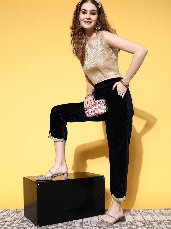 Navy Blue Solid Velvet Trousers
