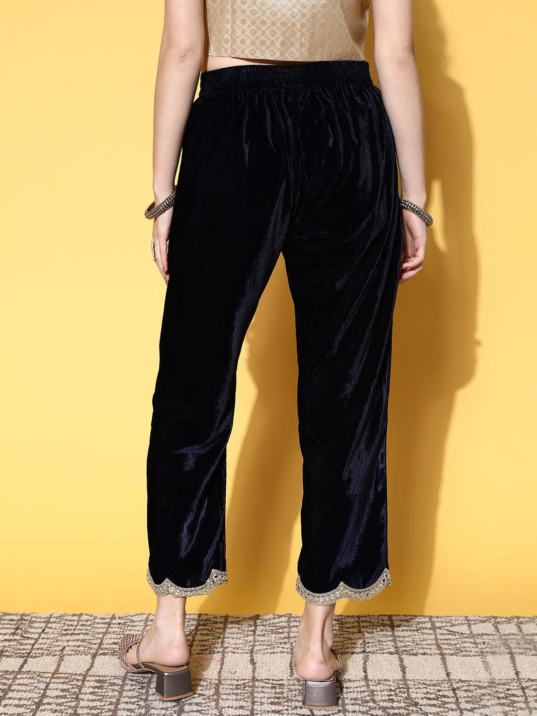 Navy Blue Solid Velvet Trousers - ShopLibas