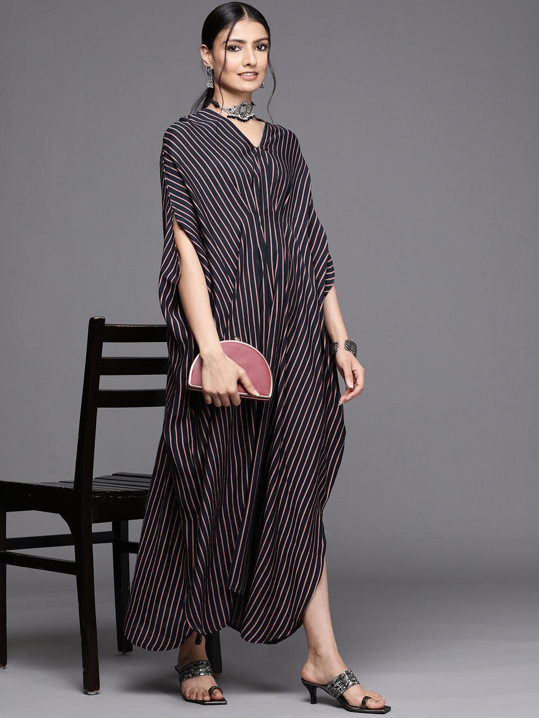 Navy Blue Striped Silk Dress - ShopLibas