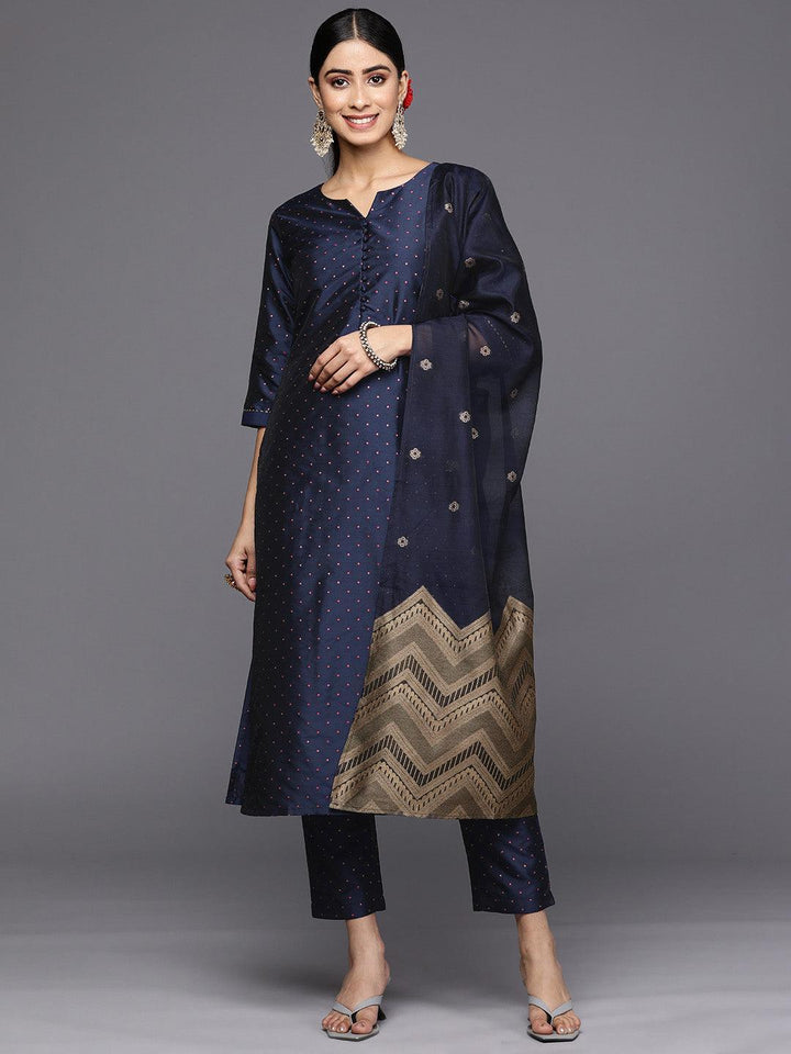 Navy Blue Woven Design Art Silk Straight Suit Set With Trousers