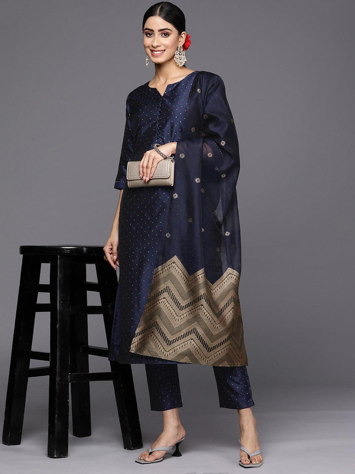 Navy Blue Woven Design Art Silk Straight Suit Set With Trousers