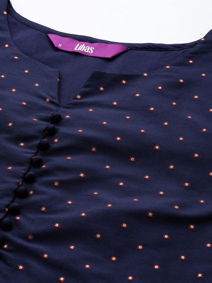 Navy Blue Woven Design Art Silk Straight Suit Set With Trousers