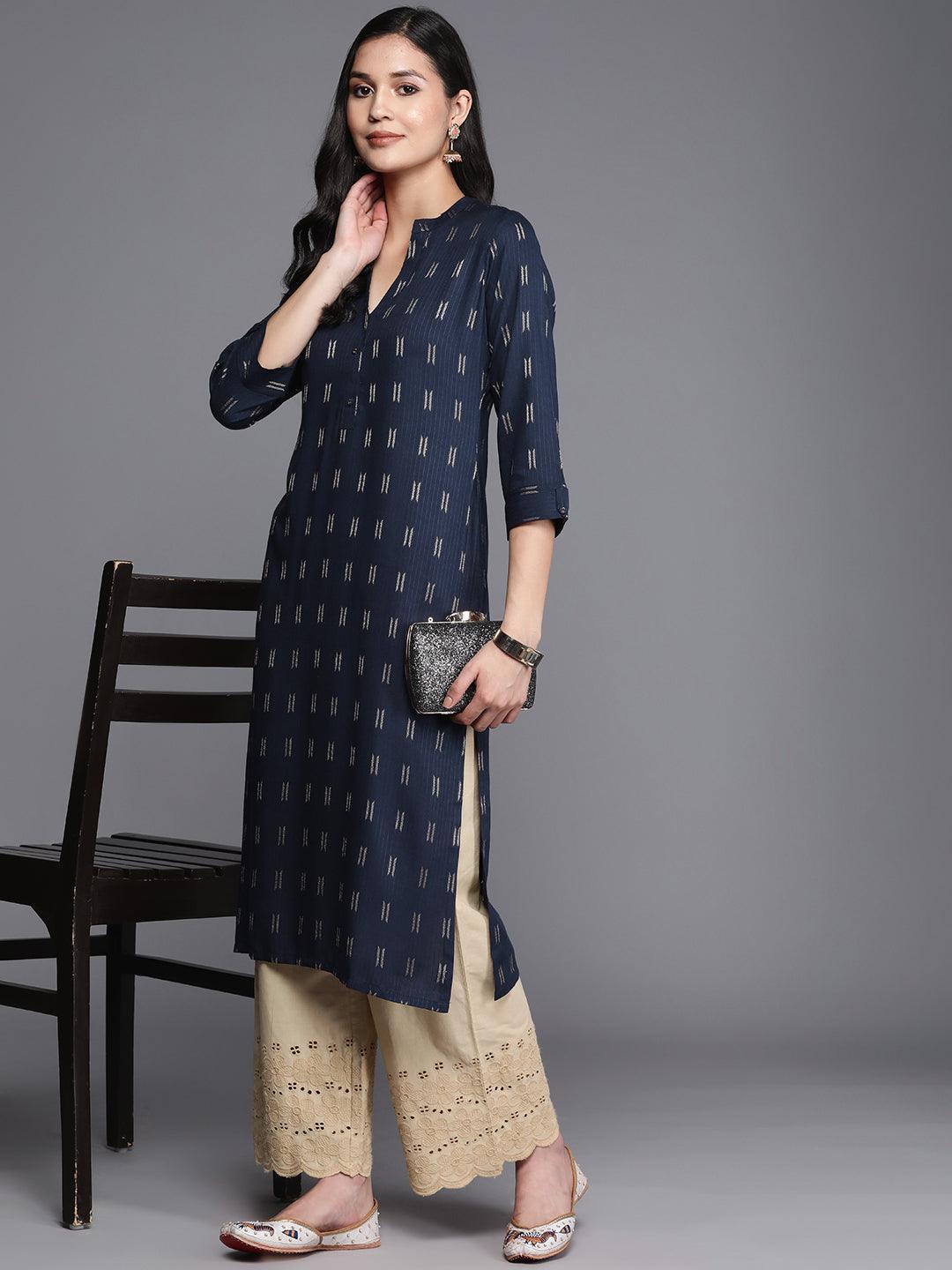 Navy Blue Woven Design Rayon Straight Kurta - ShopLibas