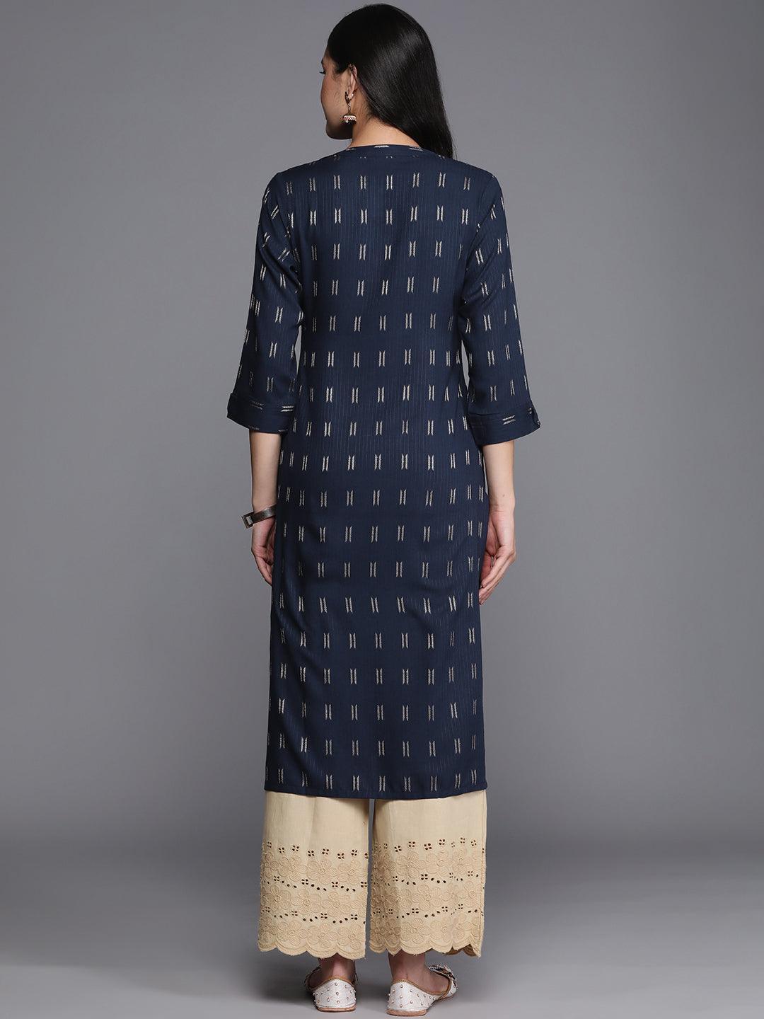 Navy Blue Woven Design Rayon Straight Kurta - ShopLibas