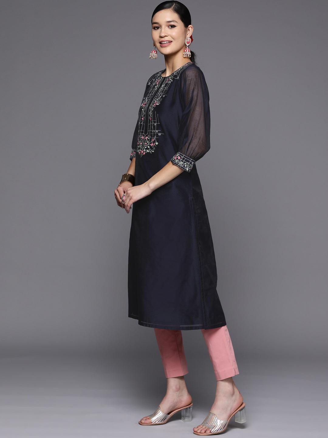 Navy Blue Yoke Design Chanderi Cotton Straight Kurta - Libas