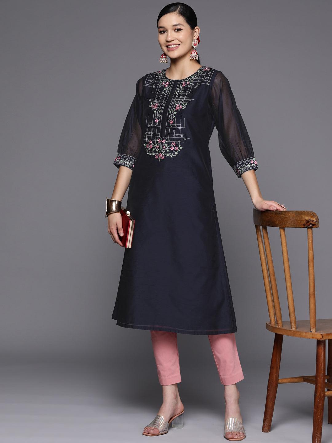 Navy Blue Yoke Design Chanderi Cotton Straight Kurta - Libas