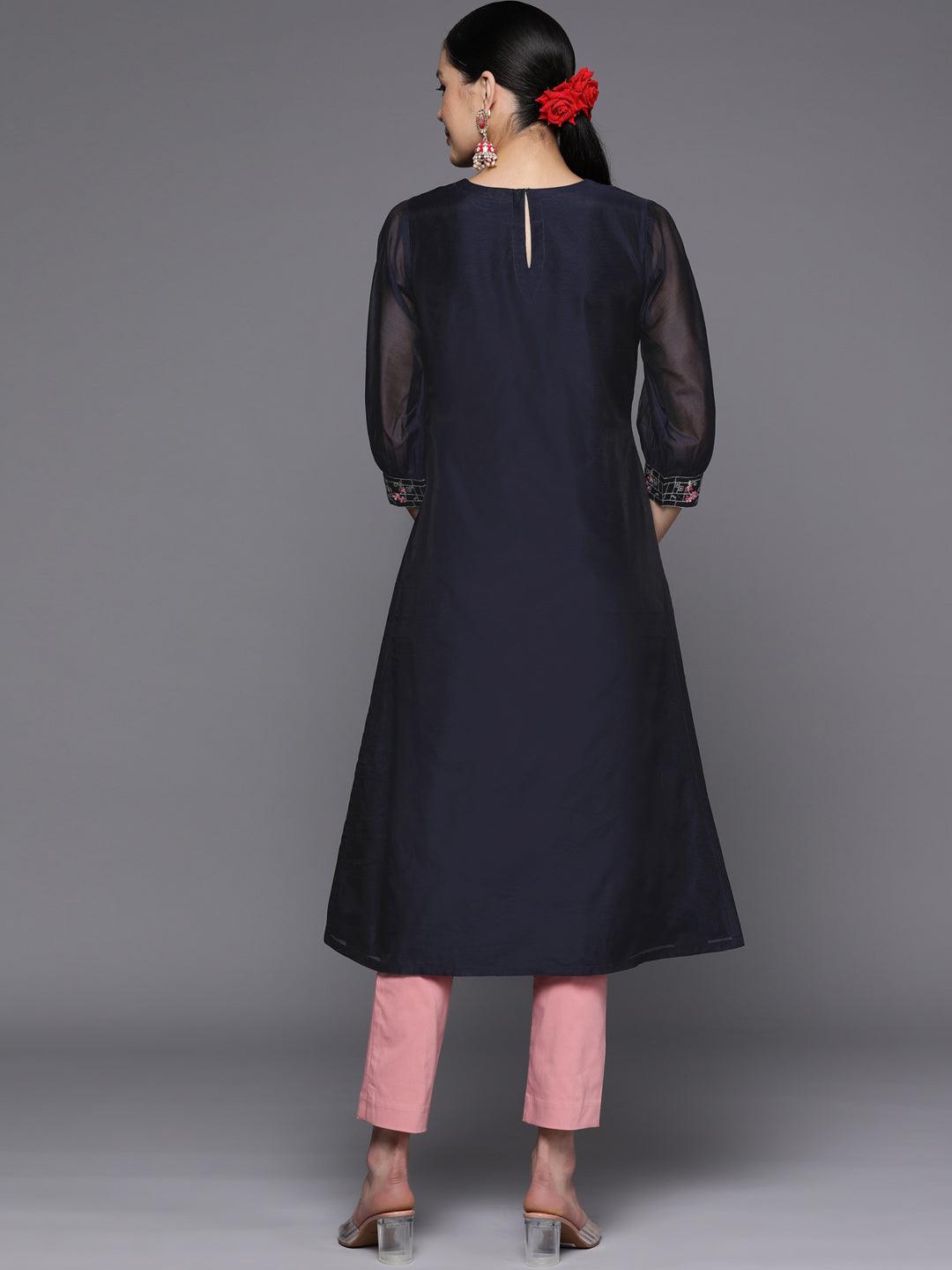 Navy Blue Yoke Design Chanderi Cotton Straight Kurta - Libas