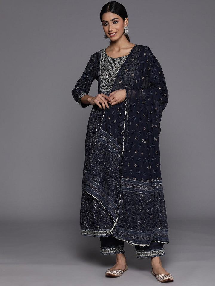 Navy Blue Yoke Design Rayon A-Line Suit Set With Trousers
